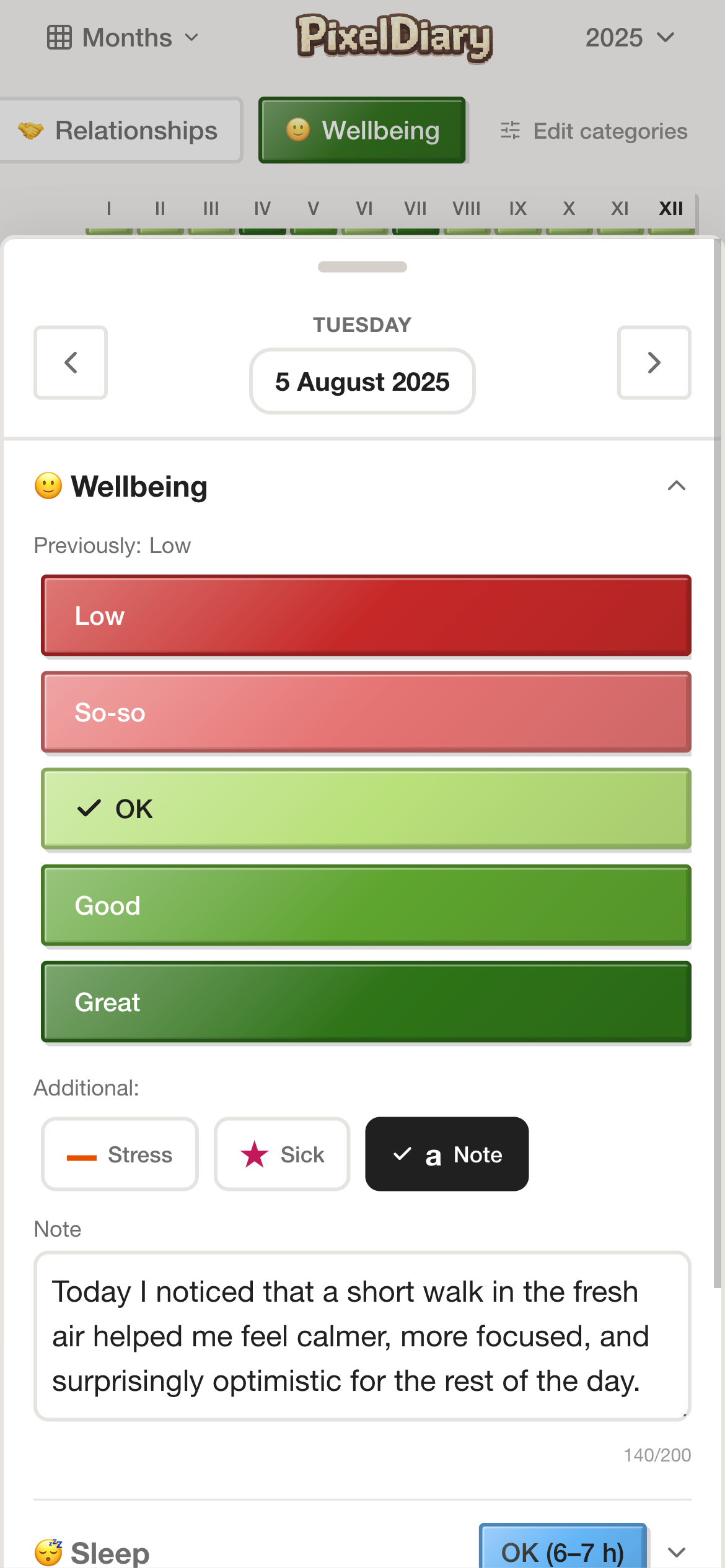 PixelDiary day entry with values, modifiers, and a note for symptom-related context.