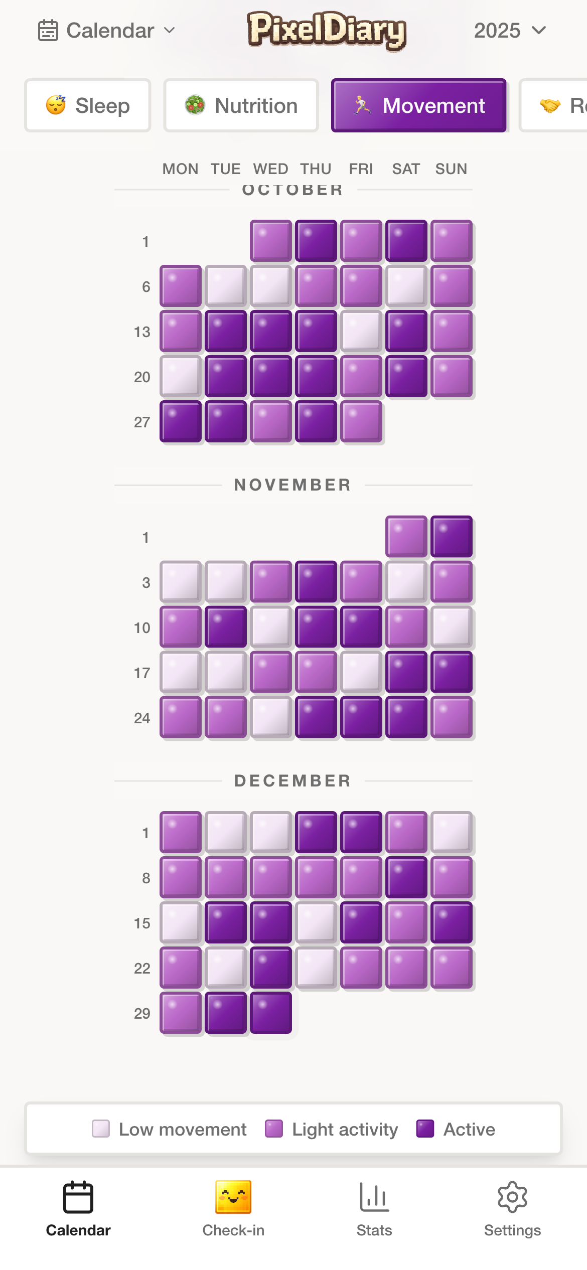 PixelDiary movement calendar view showing routine patterns across several months.