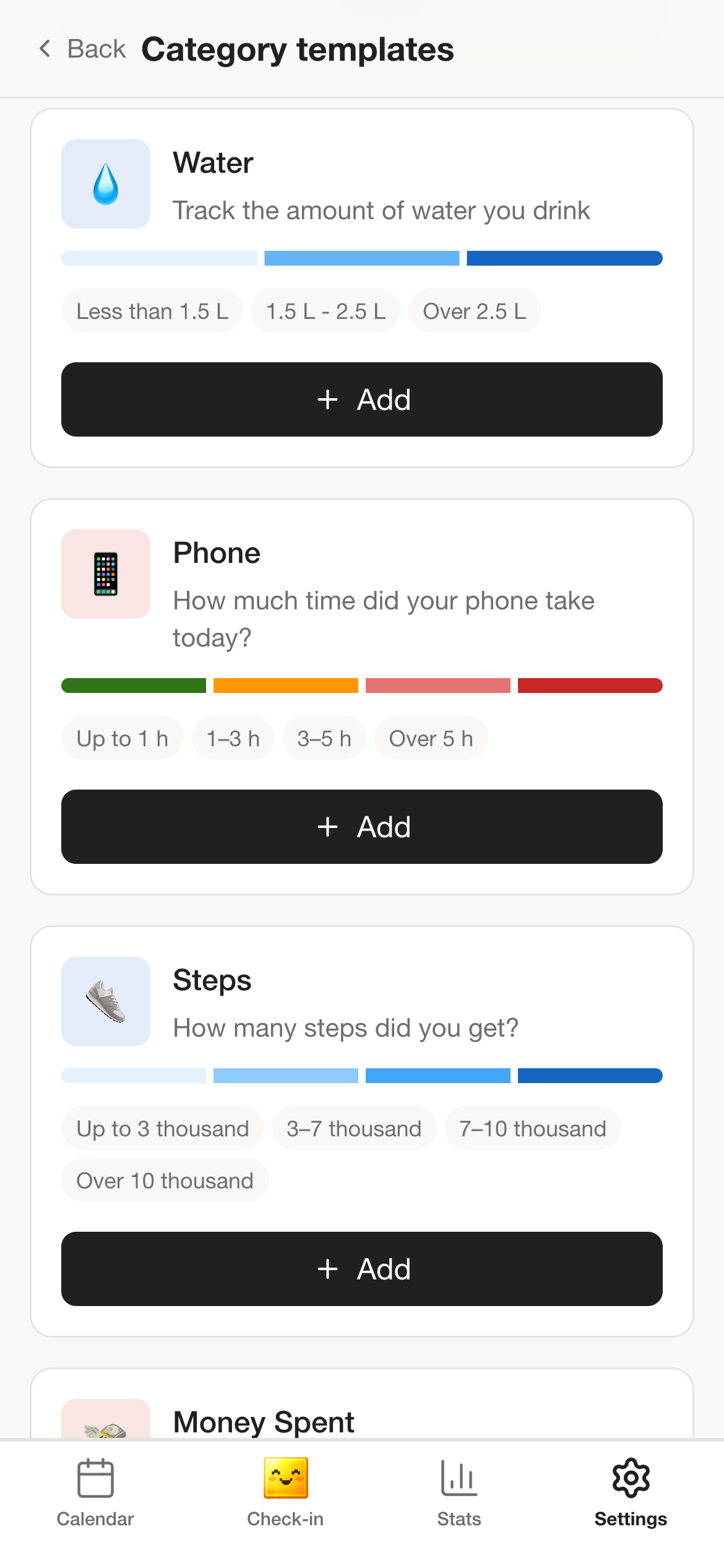 PixelDiary category templates screen for starting a Year in Pixels setup with presets.