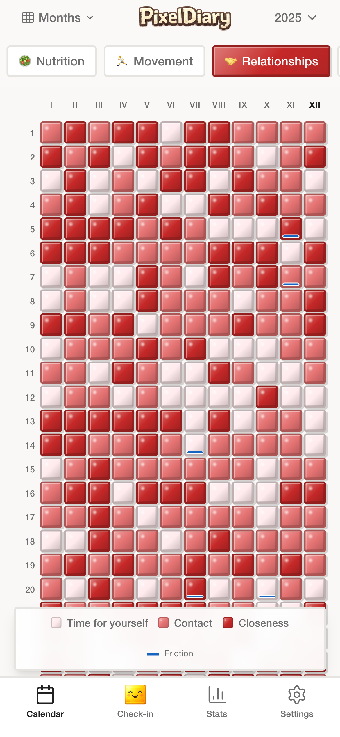 PixelDiary year view showing relationship or life-pattern entries across a broad span of time.
