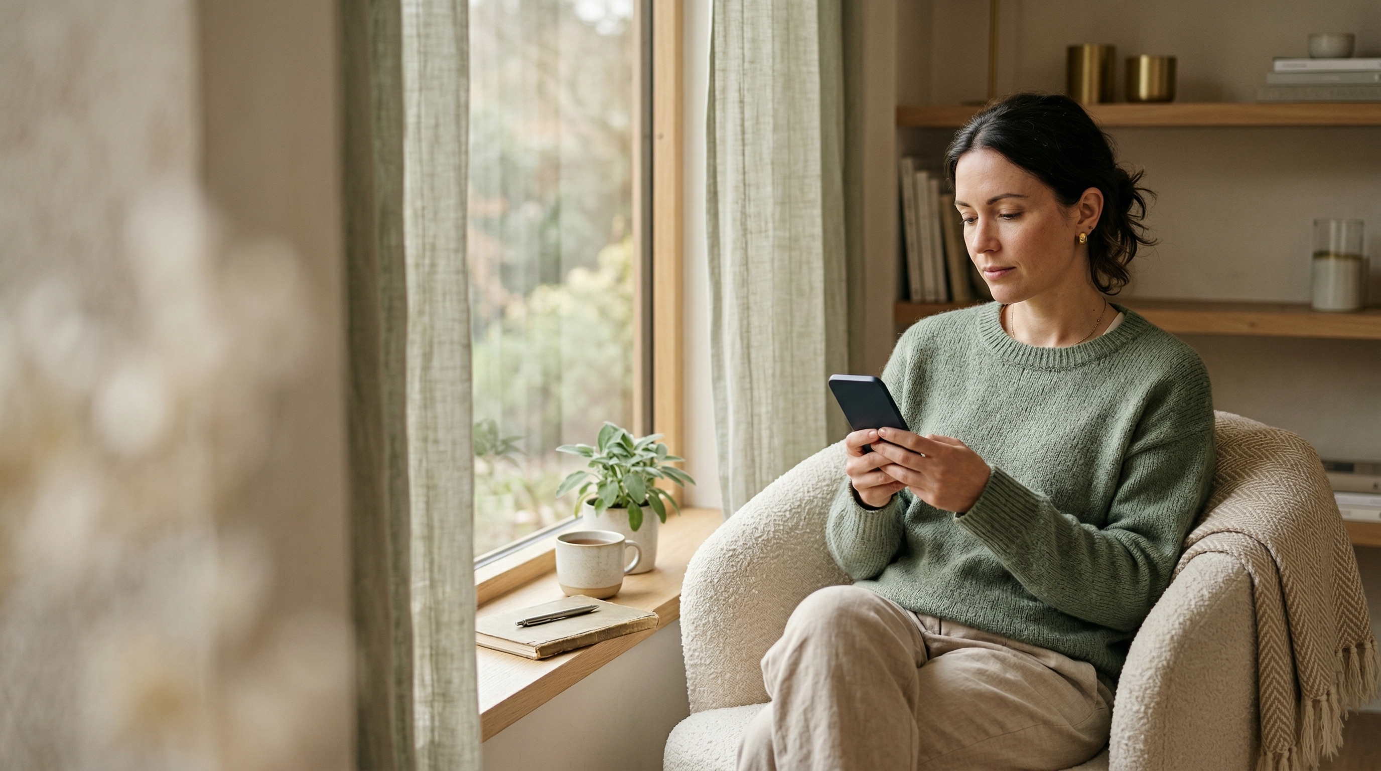 Person using PixelDiary in a calm home setting near a window, reflecting on the day with a phone in hand.